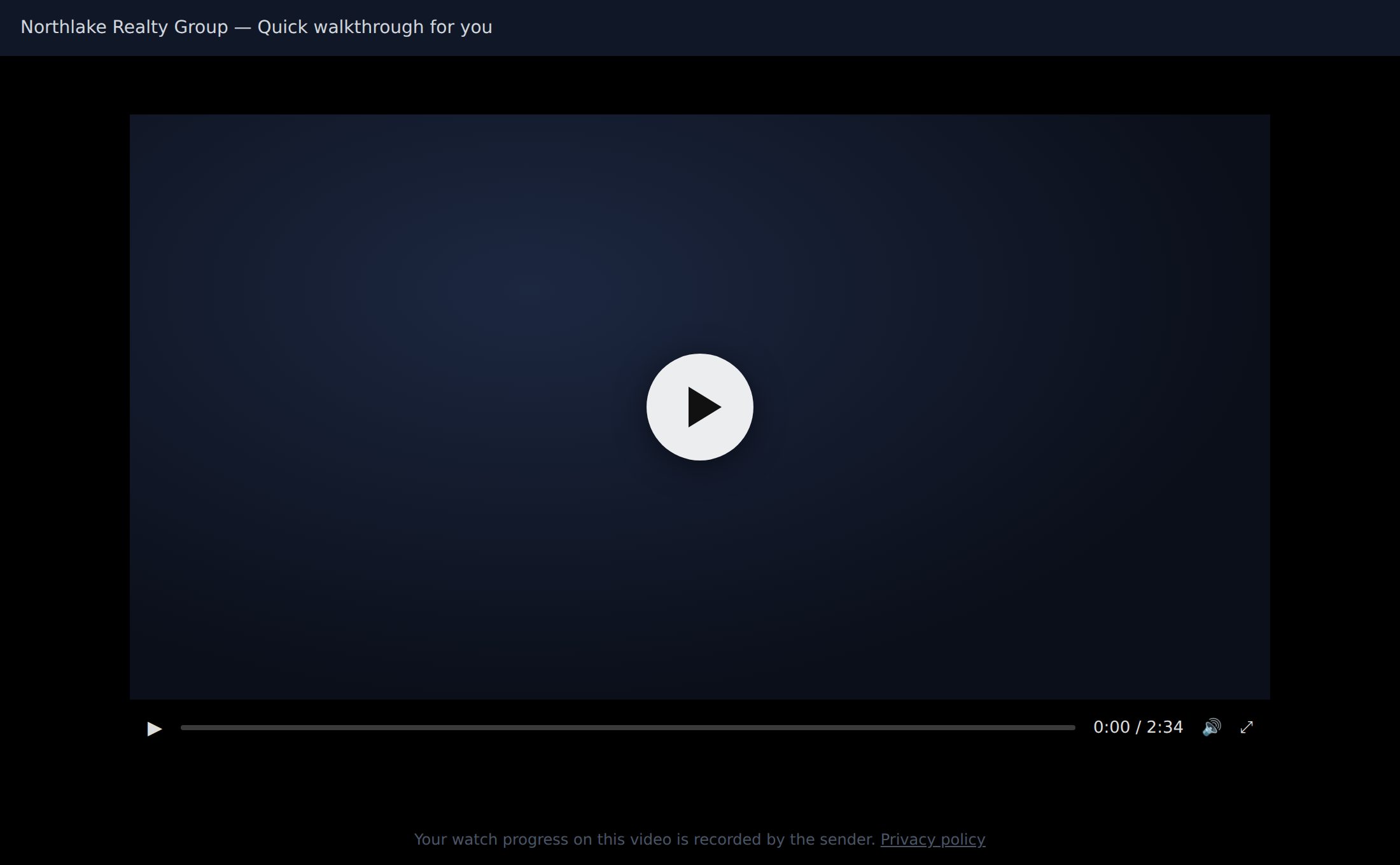 A genuine myvideourl.com video page: the sender’s name at the top, a video player in the middle, and a short tracking disclosure with a privacy-policy link at the bottom.